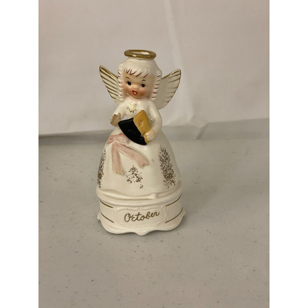 VTG Napco Ceramic October Angel Figurine Mask Spagetti Trim Gold Accents A4588